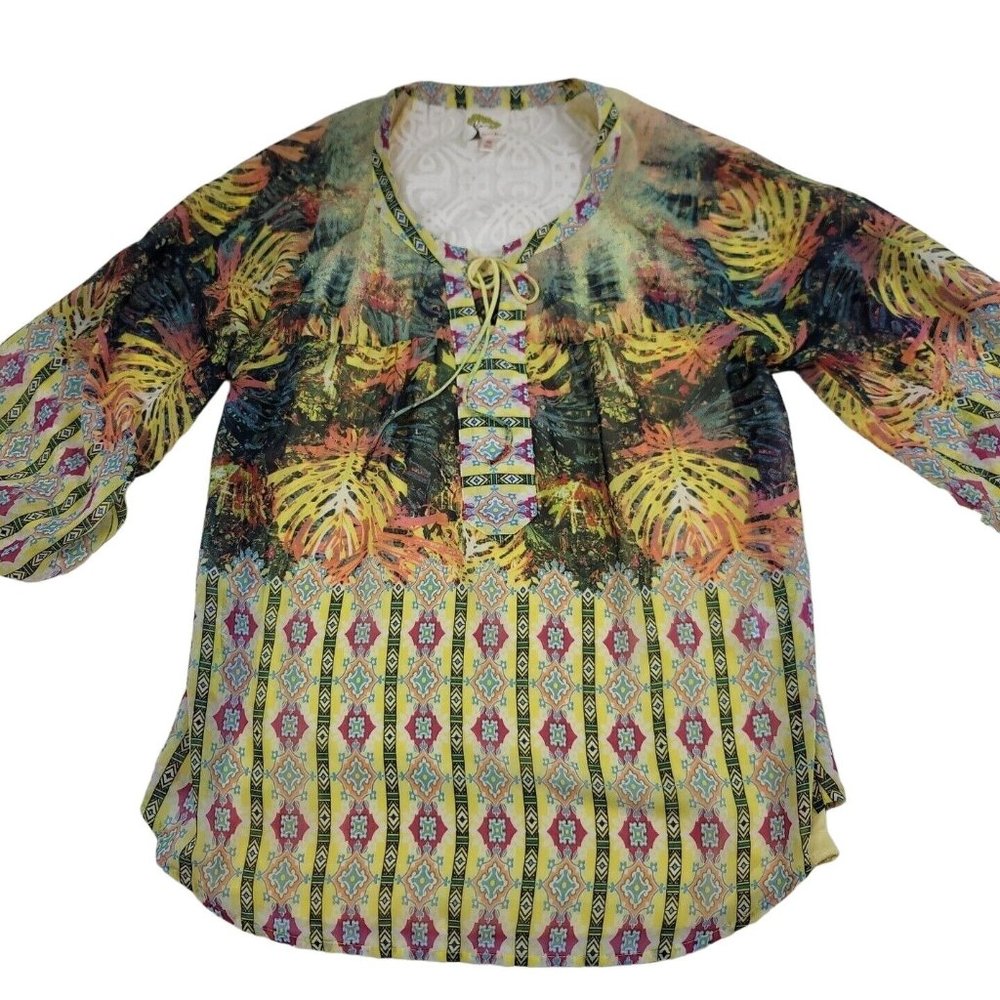Anthropologie Women M Blouse Fig and Flower Sheer Lace Back Top with Yellow Cami
